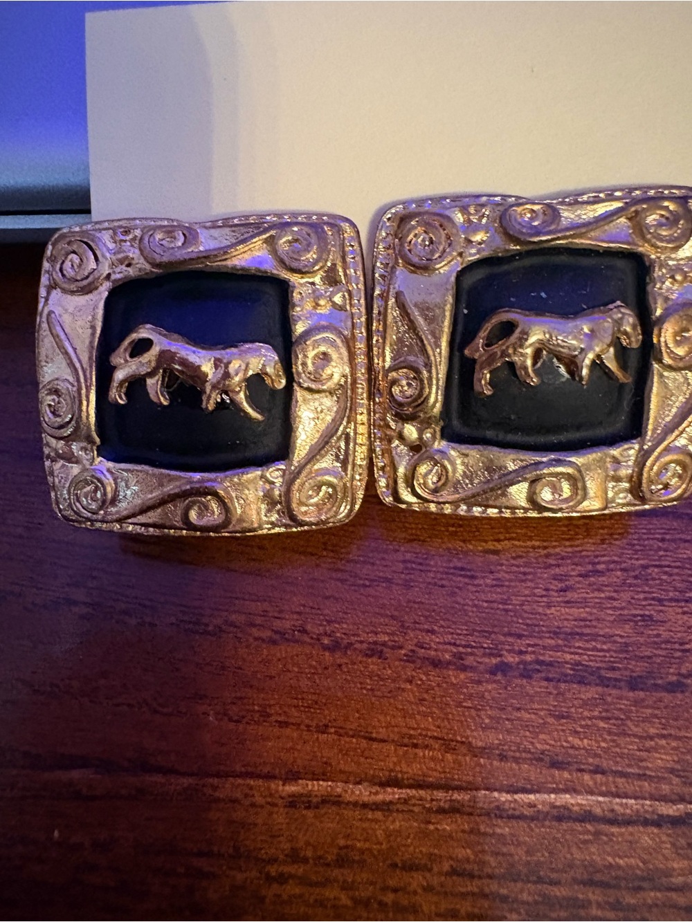 Vintage Gold and Black Buffalo Motif Earrings